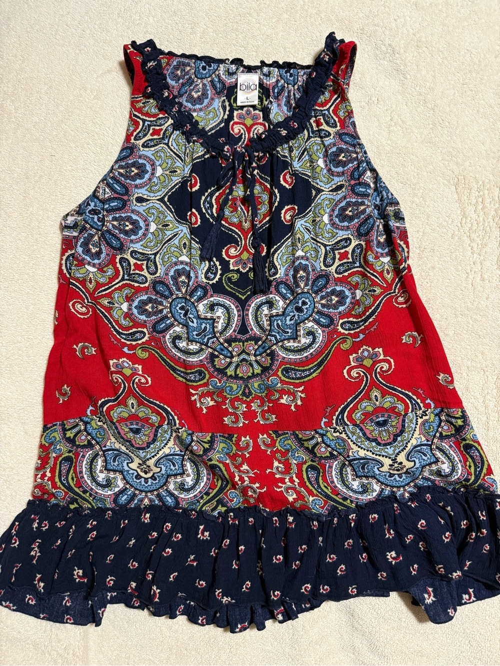 Bila Red and Navy Paisley Ruffle-Hem Sleeveless Top